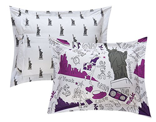  Chic Home Liberty 9 Piece Reversible Comforter New York Inspired Printed Design Bed In A Bag-Sheet Set Decorative Pillows Shams Included Size, Queen, Purple