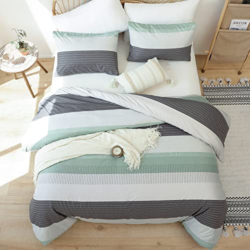  JANZAA Queen Comforter Set Sage Green Comforter Soft Microfiber Queen Bed Set 3 Piece Striped Comforter Set With 2 Pillow Cases Lightweight Fluffy Bedding Down Alternative For All Season