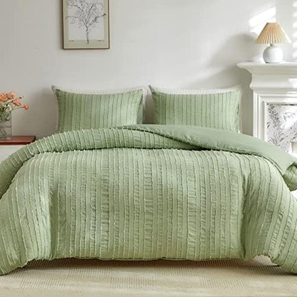  WARMDERN White Boho Duvet Cover Set Queen Size, Striped Textured Tufted Bedding Set, 3 Pcs Ultra Soft Washed Microfiber With Zipper Closure (Queen, White)