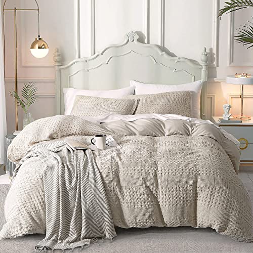  Waffle Weave Duvet Cover Set 100% Cotton Duvet Cover Queen Textured Khaki Duvet Cover Cozy Soft Breathable Queen Duvet Cover Skin-Friendly Luxury Comforter Cover Bedding Set All Season 90"x90"