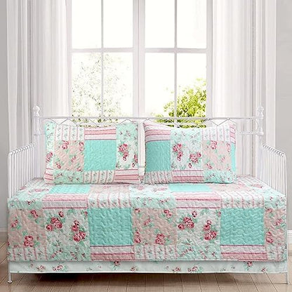  Cozy Line 4 Piece Daybed Cover Set - Pink Garden Bloom Floral Blue Rose Spring Reversible All Season Luxury Bedding With Bedskirt, Pillow Shams