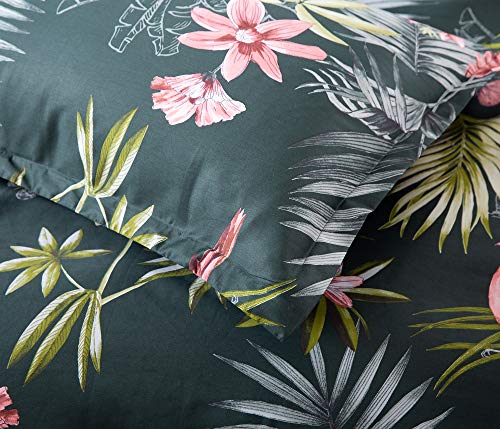  Eikei Palm Leaves Duvet Cover And Pillowcases Set Tropical Exotic Island Flowers Trees Branches Paradise Birds Bedding Jungle Plants Modern Botanical Print Long Staple Cotton (Pine Green, King)