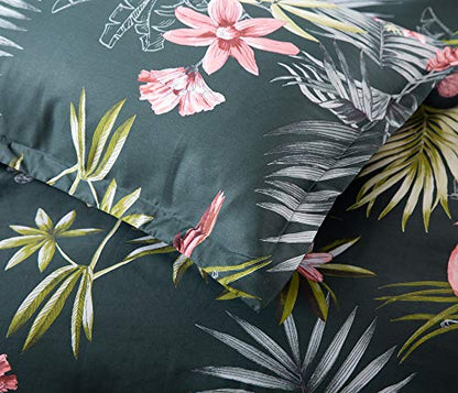 Eikei Palm Leaves Duvet Cover And Pillowcases Set Tropical Exotic Island Flowers Trees Branches Paradise Birds Bedding Jungle Plants Modern Botanical Print Long Staple Cotton (Pine Green, King)