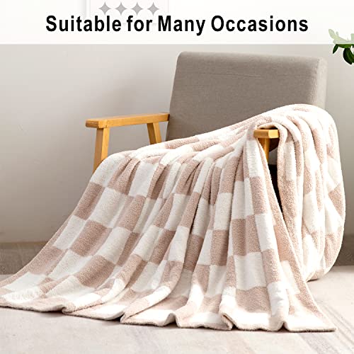  Throw Blanket With Checkerboard Plaid- Cozy Breathable All Seasons Soft Checkered Blanket Gingham Home Decor For Couch And Bed -Throw Size 51"x63",Light Khaki