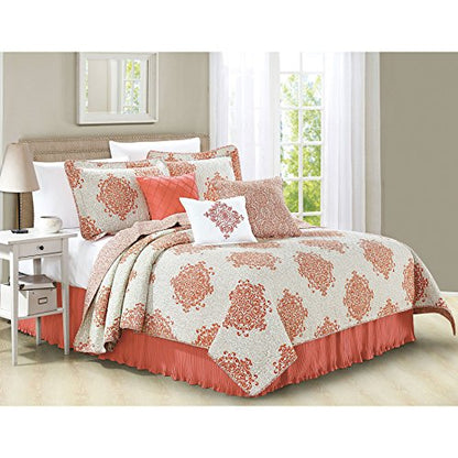  Home Soft Things Chelsea Printed Microfiber Quilts Coverlet Set Queen 90" X 90" Coral 6 Piece Bedding Set With Matching Shams Pillows, Medallion Design Soft Reversible Bedspread