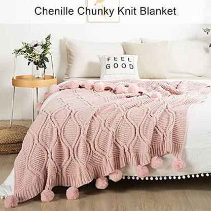  Chunky Knit Blanket With Pom Poms- Thick, Soft, Big, Cozy Throw Blankets For Couch, Bed, Sofa, Chair-50×60 Inches,Pink