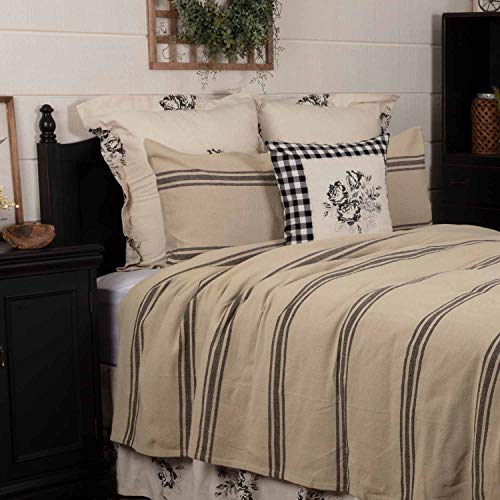  Mill House Stripe Black Queen Coverlet Bedspread, 94" L X 94" W, Oversized Woven Blanket, Farmhouse Primitive Grain Sack Stripe Bedding, Beige & Black