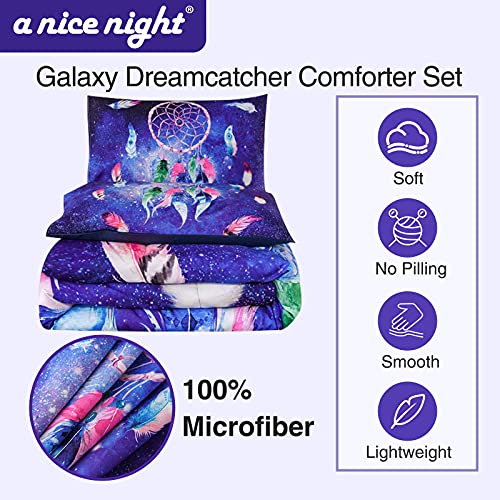  A Nice Night Galaxy Dreamcatcher Feathers,Like Dancing In The Air Printed, Boho Chic Bohemian Design, Dream Catcher Quilt Comforter Set (Blue, Queen(88-by-88-inches))