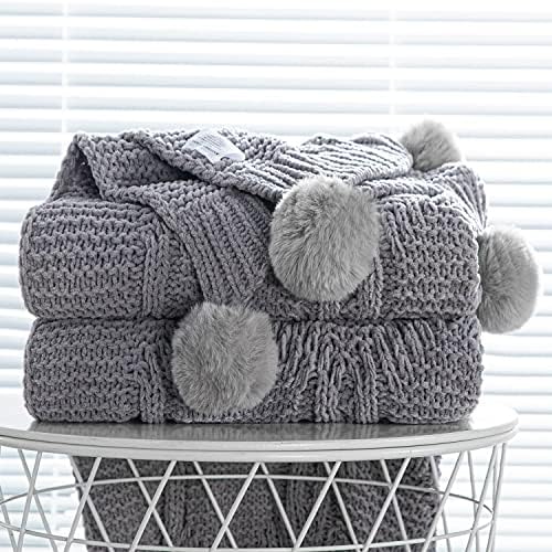  Chunky Knit Blanket With Pom Poms- Thick, Soft, Big, Cozy Throw Blankets For Couch, Bed, Sofa, Chair-50×60 Inches,Pink