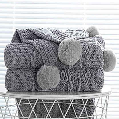  Chunky Knit Blanket With Pom Poms- Thick, Soft, Big, Cozy Throw Blankets For Couch, Bed, Sofa, Chair-50×60 Inches,Pink