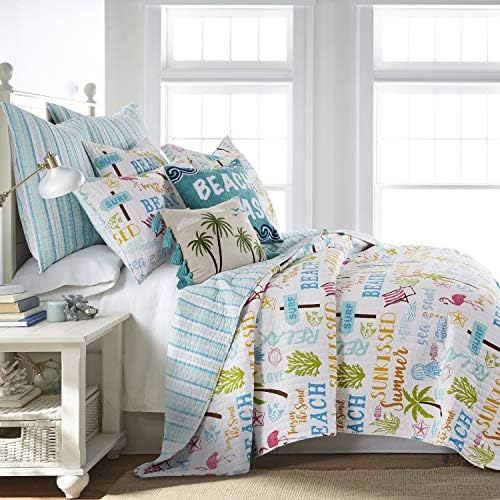  Homthreads By Levtex Home - Beach Days Quilt Set - Queen Quilt (88x92in.) + Two Standard Pillow Shams (26x20in.) - Coastal Beach - Teal Blue Yellow Green Brown Pink - Reversible - Cotton Fabric