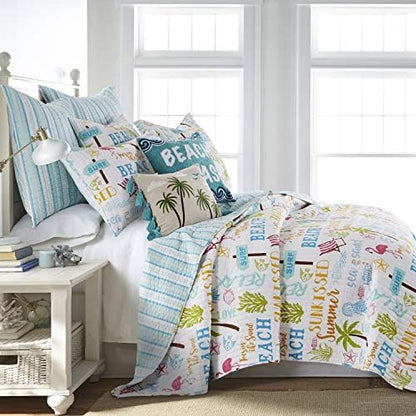  Homthreads By Levtex Home - Beach Days Quilt Set - Queen Quilt (88x92in.) + Two Standard Pillow Shams (26x20in.) - Coastal Beach - Teal Blue Yellow Green Brown Pink - Reversible - Cotton Fabric