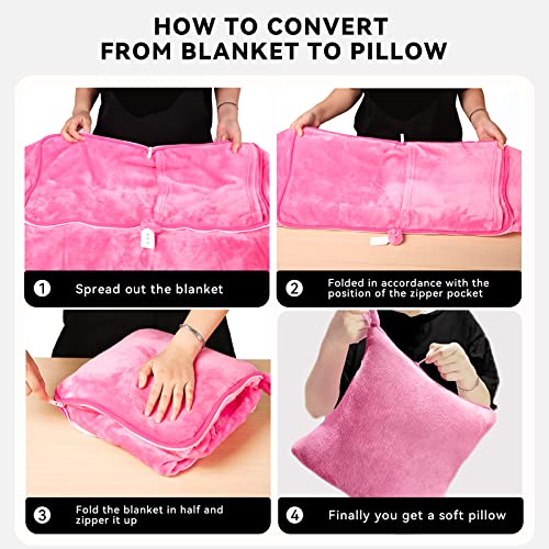  MACEVIA Travel Blanket Pillow Soft And Warm Blanket For Airplane Travel Essential Comfort Durability 2 In 1 Throw Blanket For Train Car Camping Office With Luggage Backpack Strap - Pink