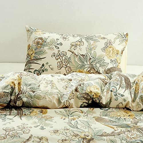  Eikei Chinoiserie Chic Peacock Floral Duvet Cover Paradise Garden Botanical Bird And Tree Branches Vintage Stylized Long Staple Cotton 2pc Bedding Set (Twin, Yellow)