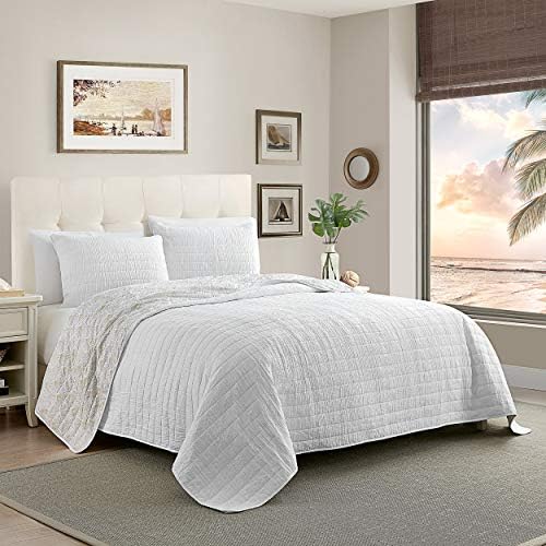  Luxury All Season Ultra Soft Enzyme Washed Reversible 1-Piece Quilt Coastal Pattern Crinkle Coverlet Bedspread, Full/Queen, Navy Blue Palm Leaves
