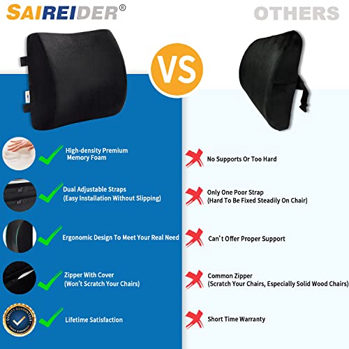  SAIREIDER Comfortable Lumbar Support Pillow For Office Chair, Memory Foam Back Support Pillows For Car、Gaming Chair、 Home Chair, Back Pain Relief Improve Posture, Double Adjustable Straps(Black)