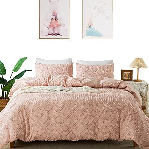  Jacquard & Tufted Pink Duvet Cover Queen Size Bedding Set, Soft, All Seasons, With Double-end Sliders Zipper Closure, 8 Ties, 3 Pieces (2 Pillowcase, 1 Duvet Cover), Q Pink