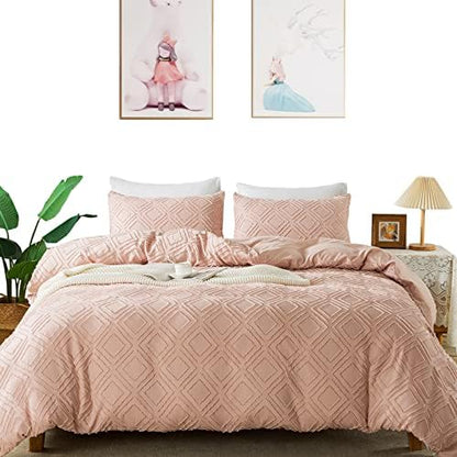  Jacquard & Tufted Pink Duvet Cover Queen Size Bedding Set, Soft, All Seasons, With Double-end Sliders Zipper Closure, 8 Ties, 3 Pieces (2 Pillowcase, 1 Duvet Cover), Q Pink