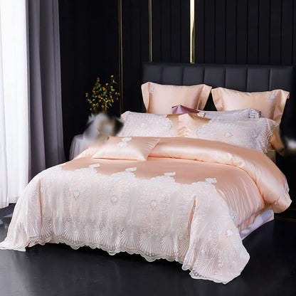  LEIGE Bedding Four-Piece Set Of 140 Lace Lace Tribute Satin Duvet Cover Jade (Color : D, Size : 220 * 240cm)