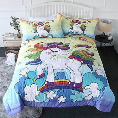  BlessLiving 3 Piece Unicorn Comforter Set With Pillow Shams Cartoon Unicorn Bedding Set With 3D Printed Designs Reversible Comforter Full/Queen Size Bedding Sets, Rainbow