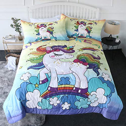  BlessLiving 3 Piece Unicorn Comforter Set With Pillow Shams Cartoon Unicorn Bedding Set With 3D Printed Designs Reversible Comforter Full/Queen Size Bedding Sets, Rainbow