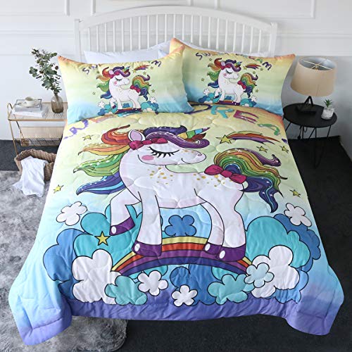  BlessLiving 3 Piece Unicorn Comforter Set With Pillow Shams Cartoon Unicorn Bedding Set With 3D Printed Designs Reversible Comforter Twin/Twin XL Size Bedding Sets, Rainbow