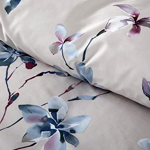  Eikei Modern Watercolor Flowers Print Duvet Quilt Cover 3pc Set Lilac Orchid Magnolia Blossom Leaf Branches Cotton Sateen 300tc Luxury Floral Bedding (Twin, Beige)