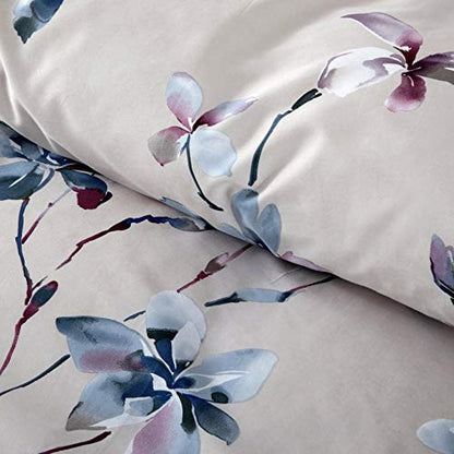  Eikei Modern Watercolor Flowers Print Duvet Quilt Cover 3pc Set Lilac Orchid Magnolia Blossom Leaf Branches Cotton Sateen 300tc Luxury Floral Bedding (Twin, Beige)