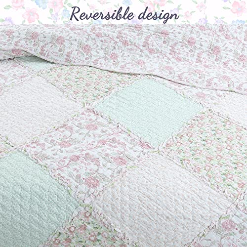  Cozy Line Home Fashions 100% Cotton Real Patchwork Floral Pink Rose Shabby Chic Girly Reversible Quilt Bedding Set, Coverlet Bedspread (La Rosa Rêve, King - 3 Piece)