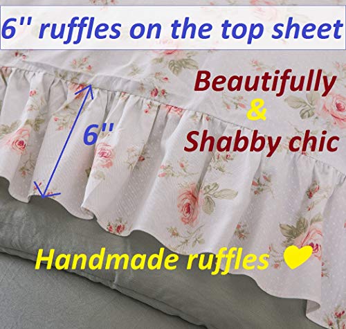  Ueen's House Shabby Floral Bed Sheet Set 4-Piece Queen Size French Country Ruffle Bed Sets