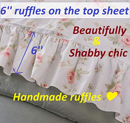  Ueen's House Shabby Floral Bed Sheet Set 4-Piece Queen Size French Country Ruffle Bed Sets