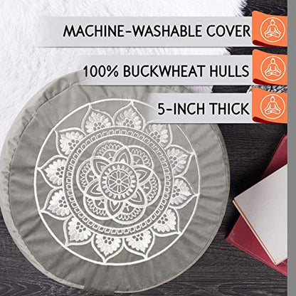  Florensi Meditation Cushion & Zabuton Meditation Mat Bundle- Premium Velvet Meditation Pillow For Women And Men,Washable Cover, Buckwheat Round Floor Pillow & 100% Cotton Square Floor Cushion