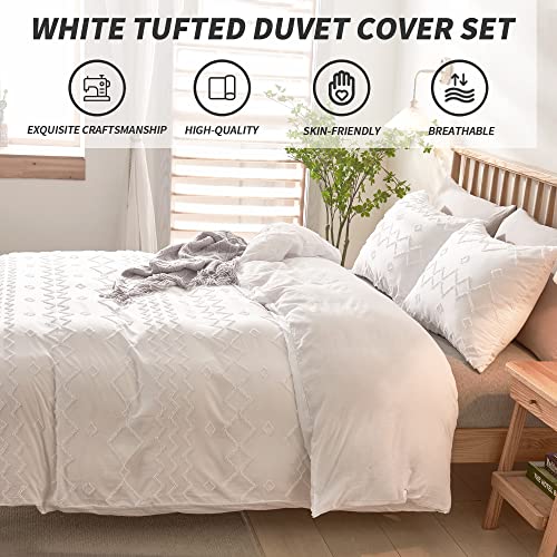  White Tufted Duvet Cover King Size (104x90 Inch), 3 Pieces Boho Soft Microfiber Bedding For All Seasons, Shabby Chic Embroidery Geometric Comforter Cover With Zipper Closure Corner Ties