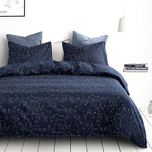  Wake In Cloud - Constellation Comforter Set, Navy Blue With White Space Stars Pattern Printed, Soft Microfiber Bedding (3pcs, Full Size)