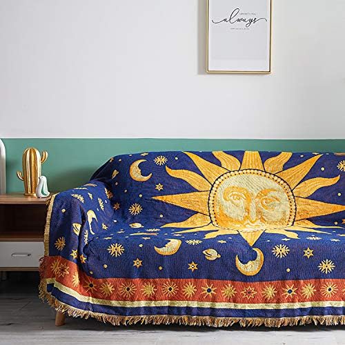  Sun And Moon Stars Hippie Throw Blanket Celestial Tapestry Double-sided Reversible Woven Cotton Home Decor Bedding Chair Couch Recliner Cover Loveseat Rug Oversized Tassels Blue Yellow (71x51)
