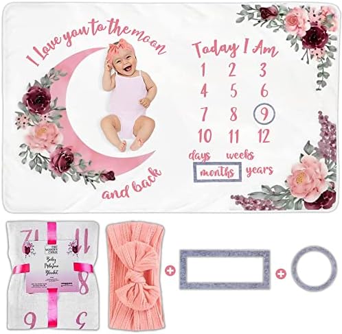  Baby Milestone Blanket - Monthly Milestone Blanket For Baby Girl - Custom Soft Fleece Photography Background - Personalized Newborn Growth Chart -Premium Floral Moon 60" X 40"
