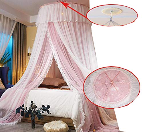  Mengersi Bed Canopy For Girls With Lights,Canopy Bed Curtains Bed Drapes-Double Layer Mesh Sheer Bed Netting Use To Cover, Round Lace Princess Mosquito Net Tent,Princess Bedroom Decor