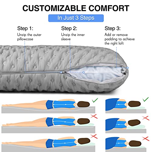  SNEINO Neck Pillows For Pain Relief Sleeping Queen Size - Shredded Memory Foam Pillows, Adjustable Bed Pillows For Back, Stomach And Side Sleeper, Extra Fill Included, CertiPUR-US/Oeko-TE（Grey）