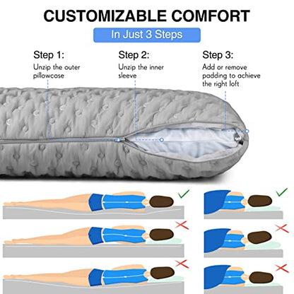  SNEINO Neck Pillows For Pain Relief Sleeping Queen Size - Shredded Memory Foam Pillows, Adjustable Bed Pillows For Back, Stomach And Side Sleeper, Extra Fill Included, CertiPUR-US/Oeko-TE（Grey）