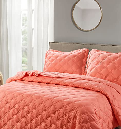  Home Soft Things 3 Piece Charleston Down Alternative Quilted Bed Spread Set, Soft Warm Plaid Diamond Pattern Quilt Coverlet Bedding Cover Set, Coral, Queen 100" X 106"
