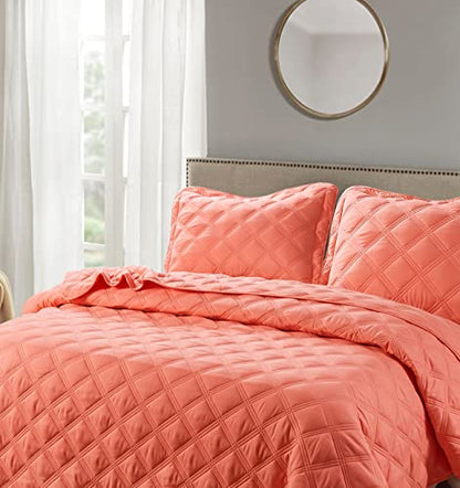  Home Soft Things 3 Piece Charleston Down Alternative Quilted Bed Spread Set, Soft Warm Plaid Diamond Pattern Quilt Coverlet Bedding Cover Set, Coral, Queen 100" X 106"