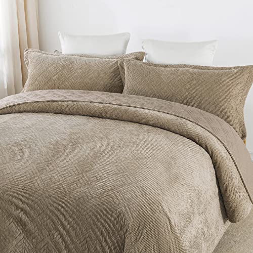  HoneiLife Bedspread Quilt Set King - 3 Piece Embroidered Corduroy Bedspreads Luxurious Coverlet Lightweight Bedcover Warm Bedding Set All Season Quilts-Taupe, King Size