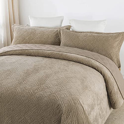  HoneiLife Bedspread Quilt Set King - 3 Piece Embroidered Corduroy Bedspreads Luxurious Coverlet Lightweight Bedcover Warm Bedding Set All Season Quilts-Taupe, King Size