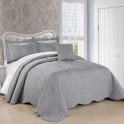  Home Soft Things Damask 4 Piece Bedspread Set,Scalloped Edge Reversible Quilt Coverlet Comforter Prewashed Bedding Set, Matelasse Embossed Floral Solid Pattern,Lavender Fog Oversize King(120" X 120")