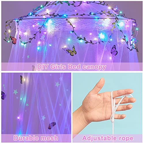  FIOBEE Bed Canopy For Girls Room Bed Canopy Curtains With Led Lights Mosquito Net DIY Princess Room Décor With Stars Butterflies For Kids Bedroom, Purple