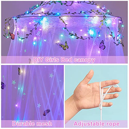 FIOBEE Bed Canopy For Girls Room Bed Canopy Curtains With Led Lights Mosquito Net DIY Princess Room Décor With Stars Butterflies For Kids Bedroom, Purple