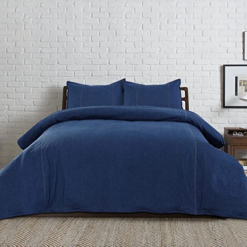 Karin Maki 100% Washed Cotton Yarn Dyed Blue Denim Duvet Cover With Button Closure - Soft And Fade-Resistant Natural Modern Style Comfy Bedding Duvet Cover - Full