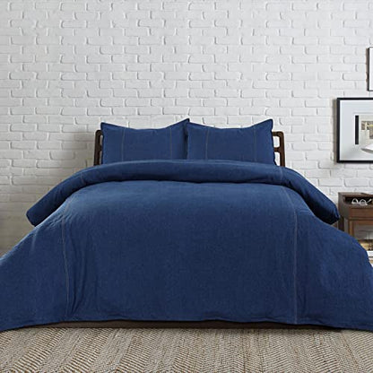  Karin Maki 100% Washed Cotton Yarn Dyed Blue Denim Duvet Cover With Button Closure - Soft And Fade-Resistant Natural Modern Style Comfy Bedding Duvet Cover - Full