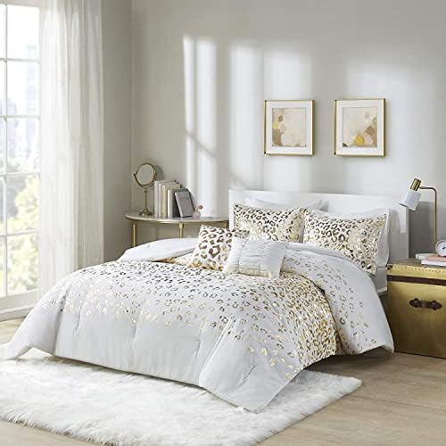  Zoey Triangle Metallic Print, Cozy Comforter Set All Season Bedding Set, Matching Sham, Decorative Pillow, Full/Queen, Grey/Silver 5 Piece