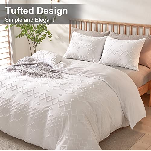  White Tufted Duvet Cover King Size (104x90 Inch), 3 Pieces Boho Soft Microfiber Bedding For All Seasons, Shabby Chic Embroidery Geometric Comforter Cover With Zipper Closure Corner Ties